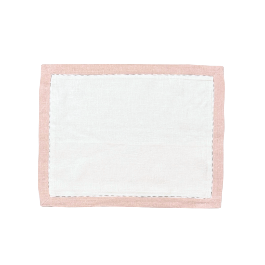 White linen boudoir pillow sham with a 1 " petal pink linen hemstitch border. Approximately 14" x 16" in size.