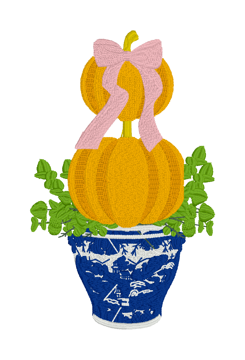 Pumpkin Topiary Embroidery Design with pumpkins separated by a branch and topped with a bow. The pumpkins are perched in a blue and white chinoiserie porcelain pot with greenery. The picture also features Garden Folly Fringe Benefits cocktail napkins and a guest towel.