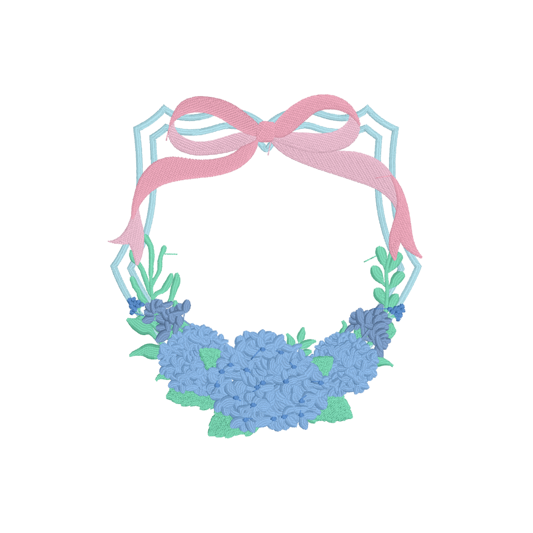 Hydrangea Bow Crest Embroidery Design 3.6" w x 4" h