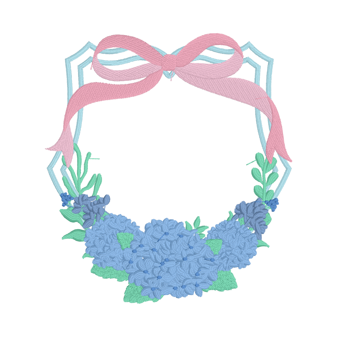 Hydrangea Bow Crest Embroidery Design 5.5" w x 6" h