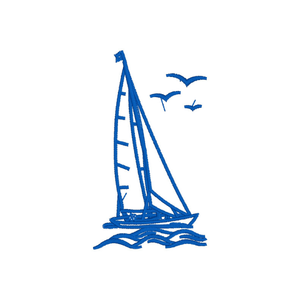 A blue embroidered  sailboat design with two birds and wavy lines on a plain white background.