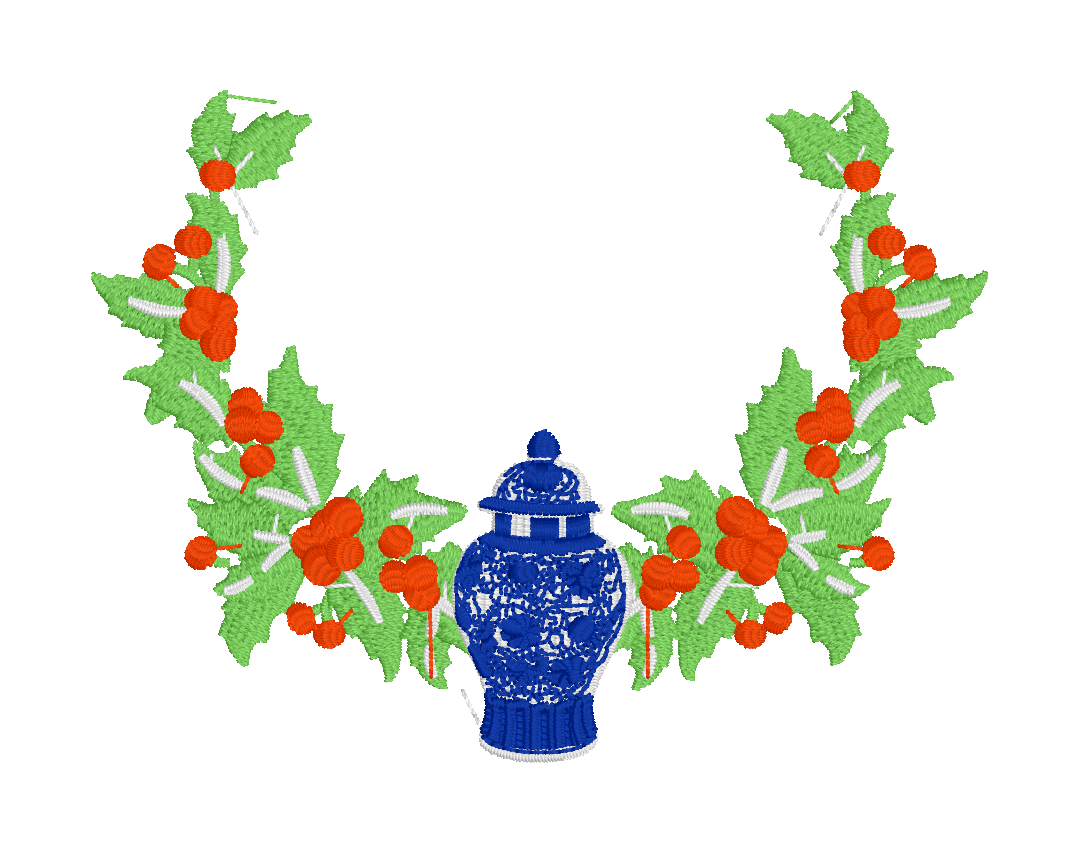 Holly swag embroidery design with a chinoiserie blue and white ginger jar. 