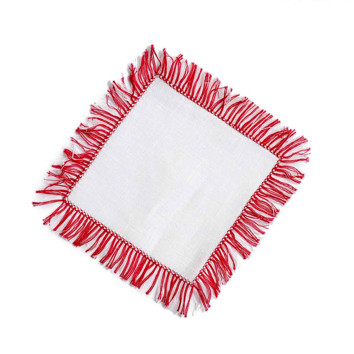 Fringe Benefits Cocktail Napkin Merry Red | Garden Folly Fine Linens - linen cocktail napkins wholesale, linen napkins wholesale, white cotton napkins wholesale, linen cocktail napkins bulk