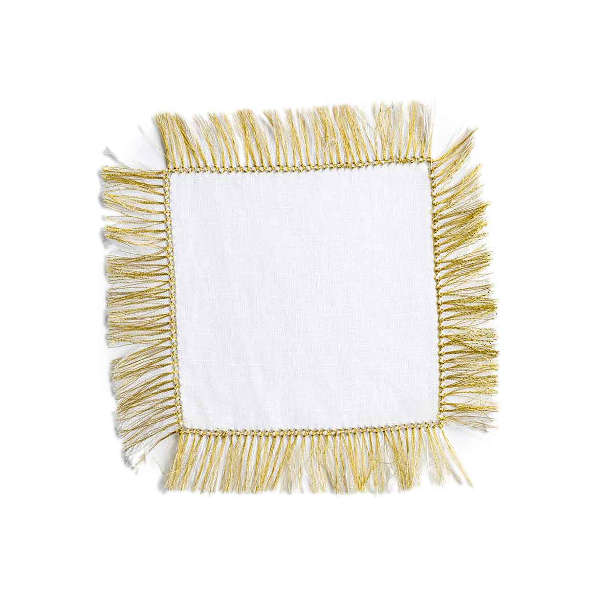 Fringe Benefits Cocktail Napkin Metallic Gold | Garden Folly Fine Linens - linen cocktail napkins wholesale, linen napkins wholesale, white cotton napkins wholesale, linen cocktail napkins bulk