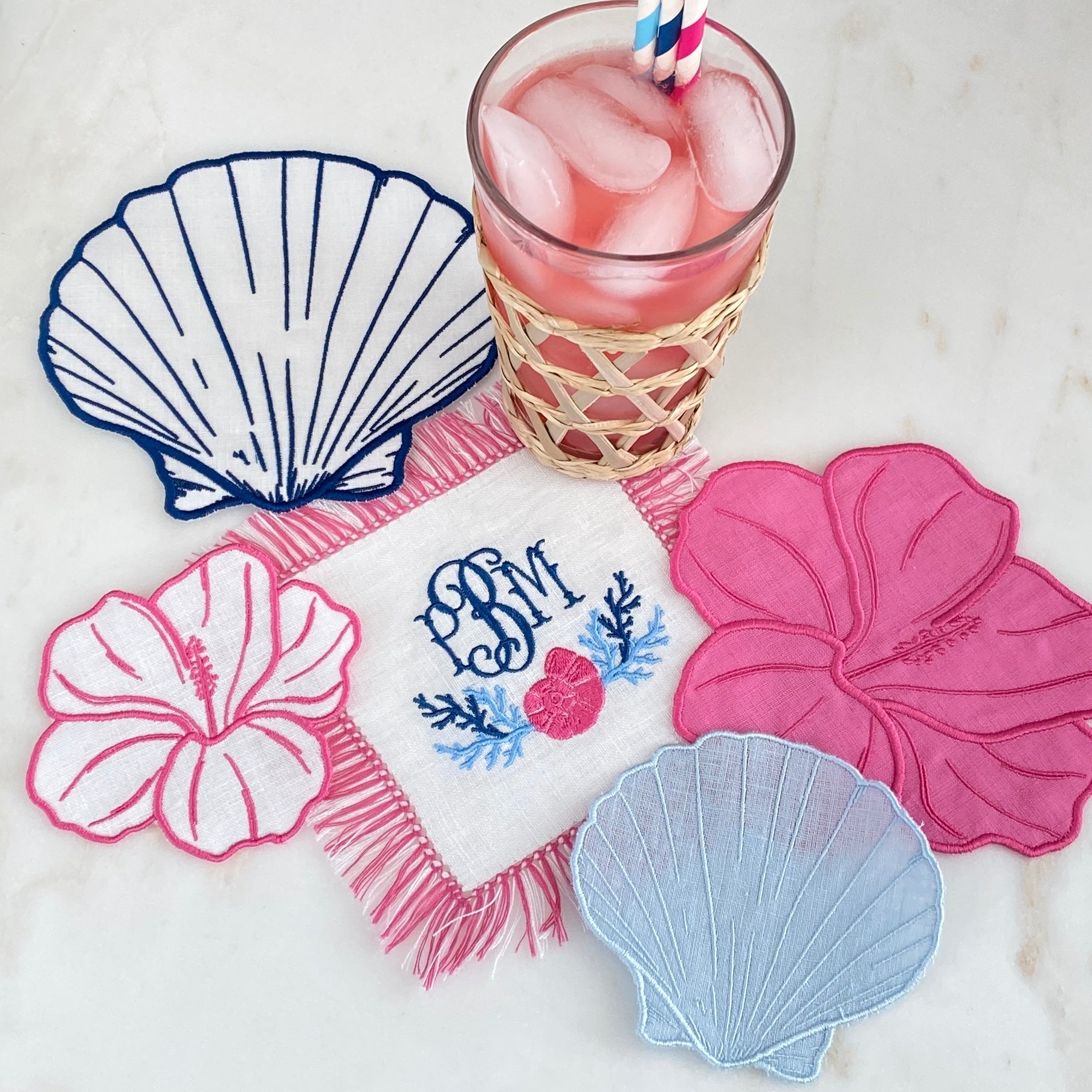 Hibiscus Coaster and Cocktail Napkin Embroidery Design - In the Hoop - ITH