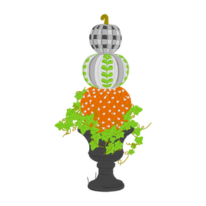 Gingham plaid and polka dots make this pumpkin topiary embroidery design fun for fall. The digital file contains the design in both PES and DST formats. Stacked pumpkin embroidery design
