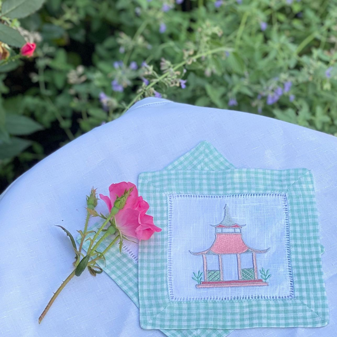 Bring chinoiserie chic to your Garden Folly Fine Linens with this charming garden folly pagoda embroidery design. The digital file consists of designs in 3, 4 and 5 inch widths in both PES and DST formats.   •Please note you must use an embroidery machine to stitch out this embroidery design.