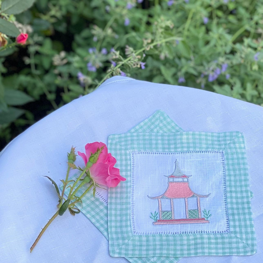 Bring chinoiserie chic to your Garden Folly Fine Linens with this charming garden folly pagoda embroidery design. The digital file consists of designs in 3, 4 and 5 inch widths in both PES and DST formats.   •Please note you must use an embroidery machine to stitch out this embroidery design.