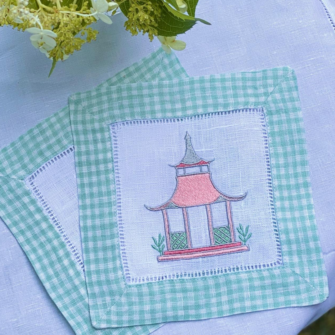 Bring chinoiserie chic to your Garden Folly Fine Linens with this charming garden folly pagoda embroidery design. The digital file consists of designs in 3, 4 and 5 inch widths in both PES and DST formats.   •Please note you must use an embroidery machine to stitch out this embroidery design.