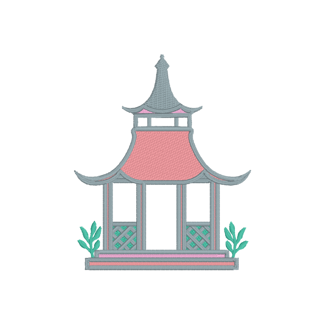 Bring chinoiserie chic to your Garden Folly Fine Linens with this charming garden folly pagoda embroidery design. The digital file contains the design in 3, 4 and 5 inch widths in both PES and DST formats.   •Please note you must use an embroidery machine to stitch out this embroidery design.