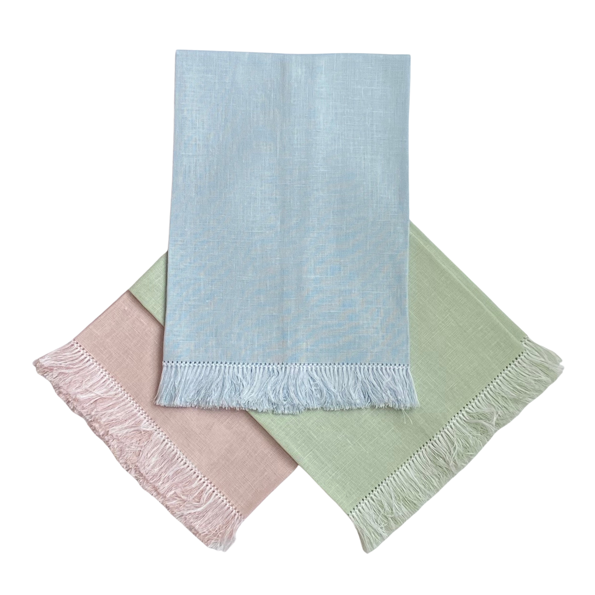 Brighten the guest bathroom with these pretty pastel fringed hand towels! Ready for embroidery or use them as they are, these 100% European linen guest towels measure approximately 14" x 20".