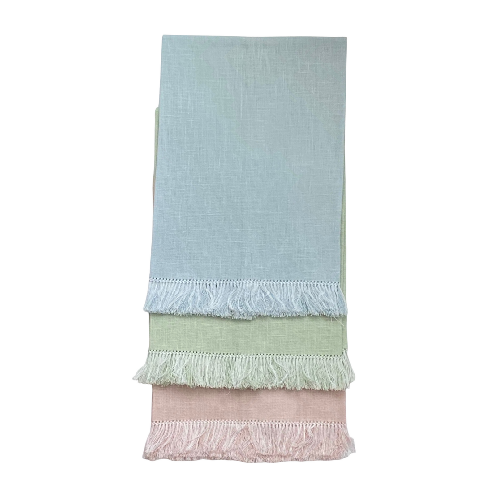 Brighten the guest bathroom with these pretty pastel fringed hand towels! Ready for embroidery or use them as they are, these 100% European linen guest towels measure approximately 14" x 20".